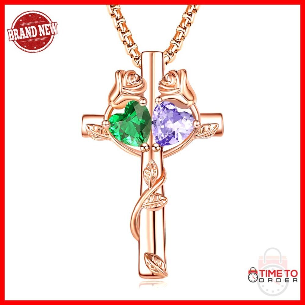 Rose Gold Cross Pendant Necklace with 2 Birthstones, Adjustable Chain